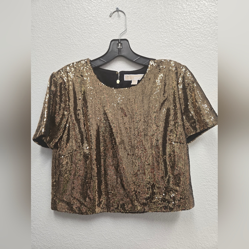 Michael Kors Metallic Gold Sequin Crop Top | Back Zip | Size M